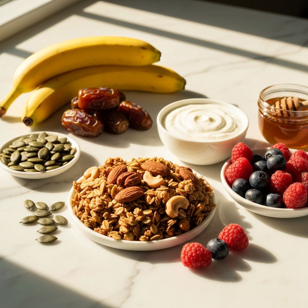 Energy-providing foods including bananas, nuts, berries, and seeds